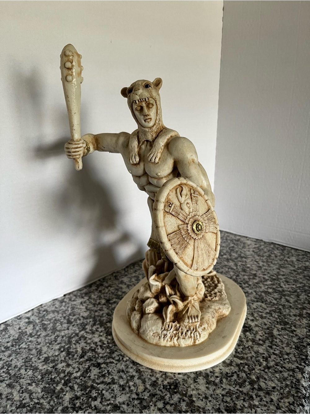 Ivory-Tone Warrior Sculpture with Shield and Club 13”